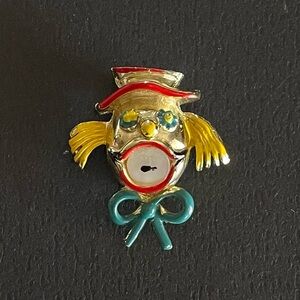 Vintage Clown Lapel Pin Brooch Goldtone Enamel with Mother of Pearl Mouth